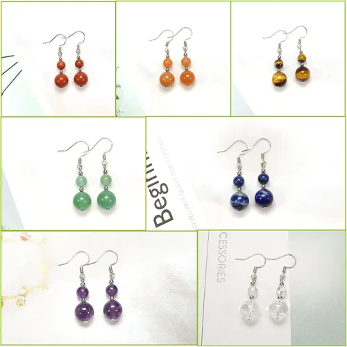 Vista 3 de Juego de collar y aretes de ágata negra de 7 chakras, collar de piedra natural, aretes de piedra de cristal curativo, Ágata negra, amatista púrpura