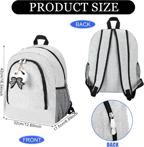 Vista 2 de Mochila grande de animadora con llavero de lazo, mochila con purpurina para porristas, bolsas de regalo para animadoras para deporte (plateado)