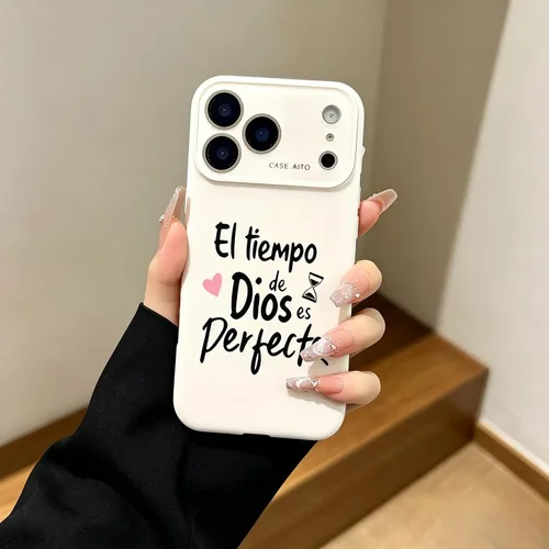 Vista 3 de Funda para iPhone 17 Pro Max 16 15 14 13 12, "El Tiempo de Dios es Perfecto", con versículo bíblico, protección completa de lente (beige, iPhone 12)