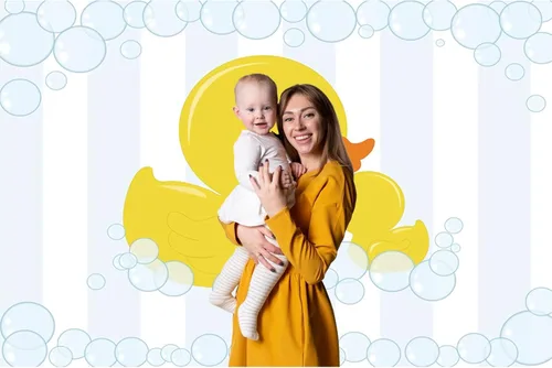Vista 4 de Renaiss Telón de fondo de tela de pato amarillo con burbujas de goma para baby shower, fiesta de cumpleaños, fondo de fotografía para niños, recién