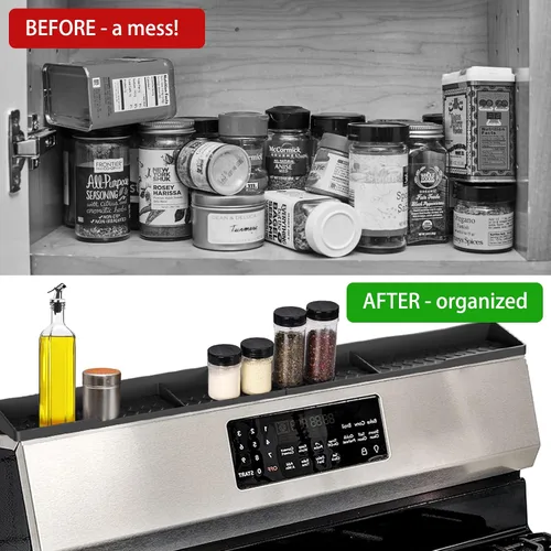 Vista 5 de Estante de silicona para especias sobre la estufa, organizador de cocina de 30 pulgadas para la parte posterior del horno, estante de especias