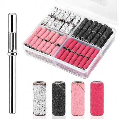 Vista 8 de Mini bandas de lijado para taladro de uñas, 100 unidades, 4 colores, 80, 120, 180, 240, lima de grano fino grueso, banda de lijado pequeña con juego