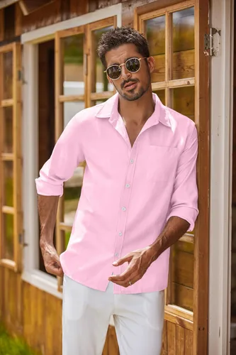 Vista 2 de COOFANDY Camisa Oxford de manga larga con botones para hombre, camisas de vestir de ajuste regular