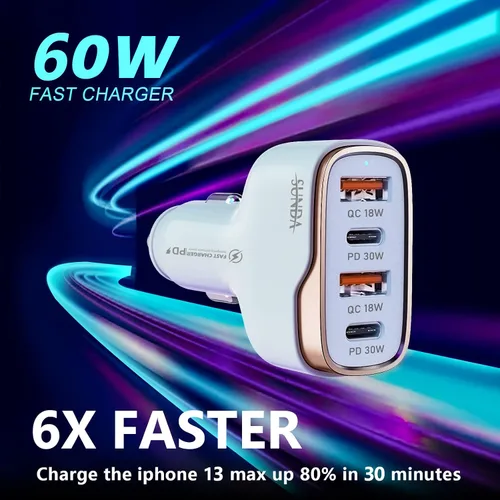 Vista 3 de SUNDA Cargador de Coche USB C Rápido de 60W, Adaptador de Carga de Coche de 4 Puertos, Dual Tipo C PD30W/PPS30W Compatible con iPhone 17/16/15