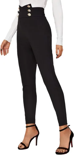 Vista 4 de SweatyRocks Women's Casual Skinny Leggings Stretchy High Waisted Work Pants Button Black