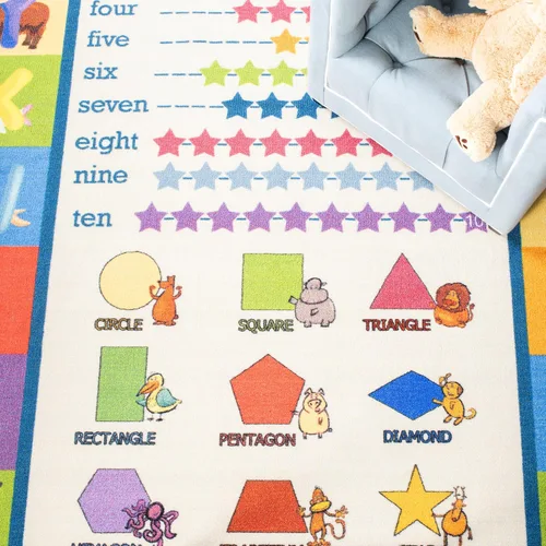 Vista 5 de SAFAVIEH Alfombra lavable para niños, colección de casas de juegos, 3 pies 3 pulgadas x 5 pies 3 pulgadas, beige y azul, antideslizante y fácil