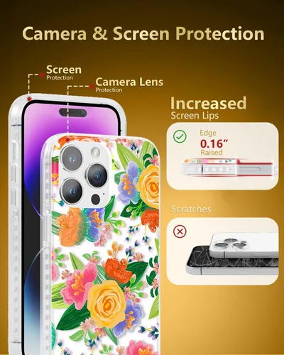 Vista 4 de SCORPIFY Funda para iPhone 14 Pro Max con diseño floral de rosas perforadas en el corazón rojo, bonita funda transparente para teléfono para mujeres