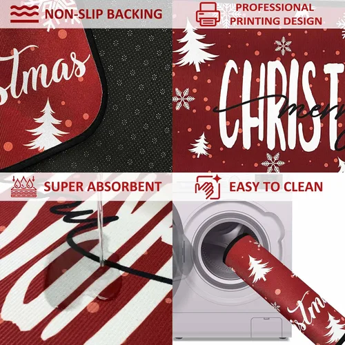 Vista 6 de Juego de 2 alfombras y tapetes de cocina de Navidad, decoraciones navideñas para el hogar, parte trasera antideslizante, tapete de cocina de Copo