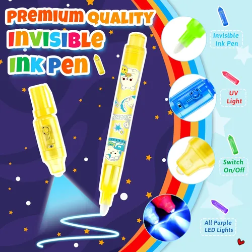 Vista 2 de GIFTINBOX Bolígrafo de tinta invisible con luz UV para niños, 12 bolígrafos espía para fiestas para niños de 8 a 12 años, marcador mágico
