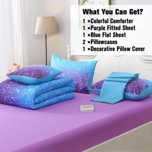Vista 6 de JQinHome Juego de edredón con purpurina, tamaño individual, juego de ropa de cama en una bolsa de 6 piezas en 3D colorido degradado para niñas