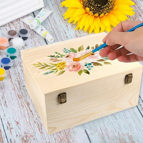 Vista 6 de Caja de madera sin terminar de 12 x 9 x 5 pulgadas, caja de almacenamiento de madera natural Large Craft Stash Boxes, Hinged Lid Front Clasp Case