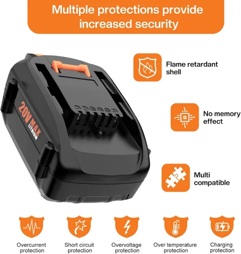 Vista 6 de Paquete de 2 baterías de repuesto de 20 V 6.5 Ah para batería Worx de 20 V WA3525 WA3520 WA3575 WA3578, con cargador de batería de 20 voltios