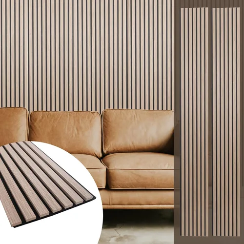 Vista 22 de Yuzzy Paneles de madera para pared y techo, paneles acústicos de listones de madera de 108 x 11 pulgadas, 2 unidades, paneles de pared modernos que