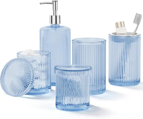 Vista 14 de Juego de accesorios de baño de cristal negro, 5 piezas, dispensador de jabón acanalado vintage, soporte para cepillo de dientes, vaso, tarro Qtip