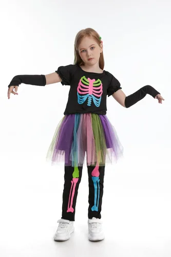 Vista 4 de LMYOVE Disfraz de esqueleto para niñas que brilla en la oscuridad, huesos punk, vestido tutú de Halloween para niños, juego de disfraces de lujo