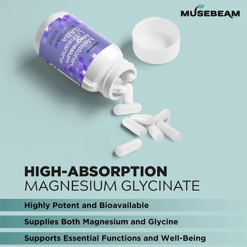 Vista 5 de MuseBeam Glicinato de magnesio 275 mg melatonina 5 mg L-teanina 200 mg GABA 100 mg cápsulas - Suplemento de apoyo nocturno para dormir para hombres