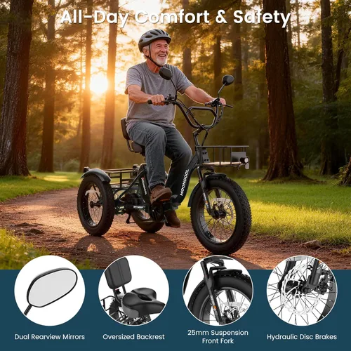 Vista 3 de MOONCOOL Triciclo eléctrico plegable para adultos, Etrike de aluminio de 20 pulgadas, clasificado 500 W, batería extraíble de 48 V frenos de disco