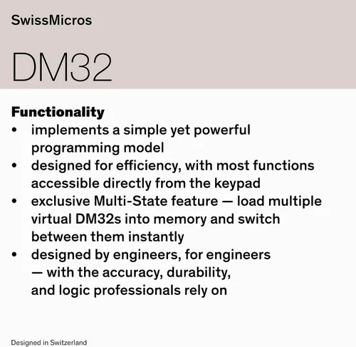 Vista 8 de SwissMicros Calculadora RPN DM32: software HP 32SII, carcasa de acero inoxidable 316L, solucionador de ecuaciones integrado y USB-C