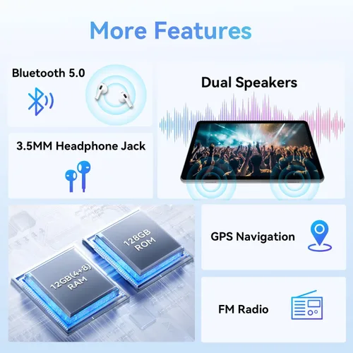 Vista 6 de ECOPAD Tablet Android 15, tabletas de 10.1 pulgadas con procesador Octa-Core, pantalla HD IPS, 12 GB de RAM+128 GB de ROM, compatible con expansión