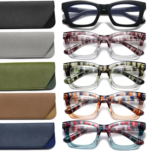 Vista 8 de Hubeye 5 Pairs Fashion Style Square Reading Glasses for Women Men Blue Light Blocking Computer Readers with leather case