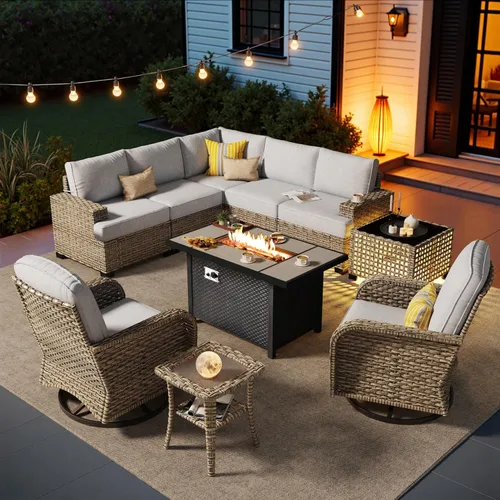 Vista 25 de HOOOWOOO Juego de muebles seccionales de patio con mesa de luz solar, 6 piezas de mimbre para exteriores, sofá en forma de L, juego de conversación