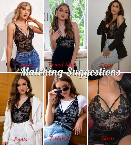 Vista 4 de Avidlove - Lencería de entrepierna a presión para mujer, body de encaje de una pieza, mini traje sexy.