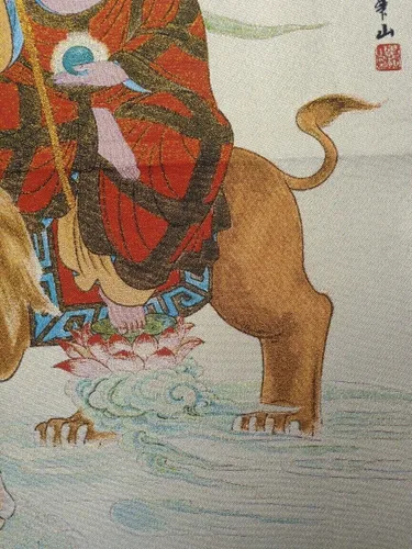 Vista 2 de Budismo tibetano Thangka de seda Embroidey Ksitigarbha Boddhisattva Tangka Thangka Mural Fengshui para decoración del hogar, tapiz de meditación