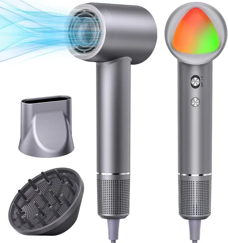 Vista 8 de Secador de pelo, motor sin escobillas de 150,000 RPM, secado ultrarrápido con 3 ajustes de calor y luces LED, secador iónico de alta velocidad, bajo