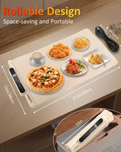 Vista 4 de Tapete de calentamiento de alimentos, calentador eléctrico enrollable de alimentos, 10 niveles de temperatura y temporizador de 10 horas, bandeja