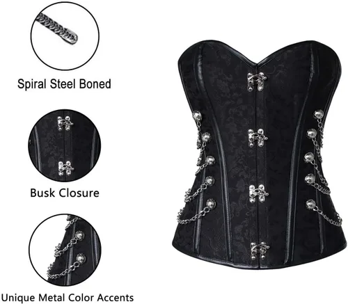 Vista 5 de Charmian - Corsé Steampunk gótico con espiral de acero para mujer, con cadenas Negro