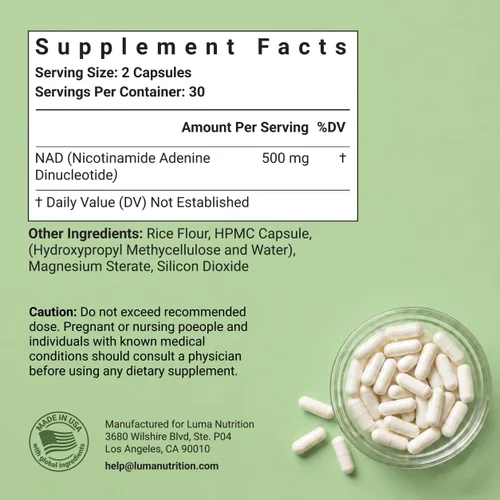 Vista 4 de Luma Nutrition Suplemento NAD+ de 500 mg por porción (250 mg por cápsula) – Envejecimiento más energía, metabolismo y apoyo celular – Suplementos