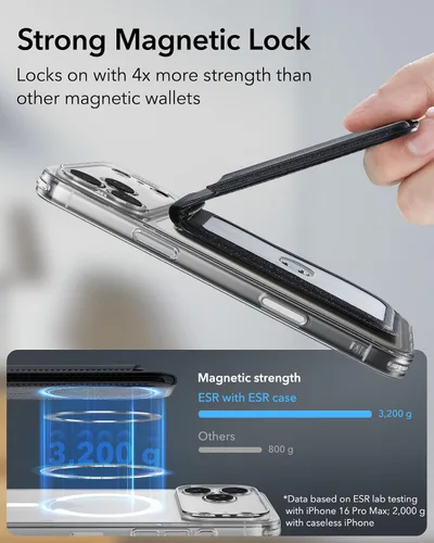 Vista 3 de ESR para cartera MagSafe con soporte, bloqueo RFID con anillo MagSafe, tarjetero de 5 tarjetas para estuche de teléfono, cartera magnética de cuero