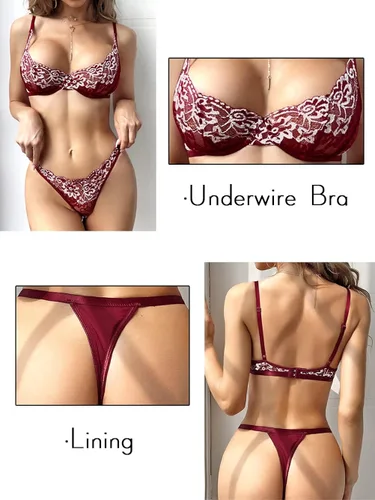 Vista 5 de KaeiShi Conjuntos de brasier sexy y bragas conjunto de lencería bordada de dos piezas con aros
