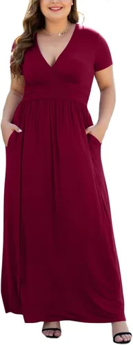 Vista 9 de Maxi vestido casual para mujer, diseño de manga corta con cuello en V y bolsillos, tallas L-5XL A01-negro