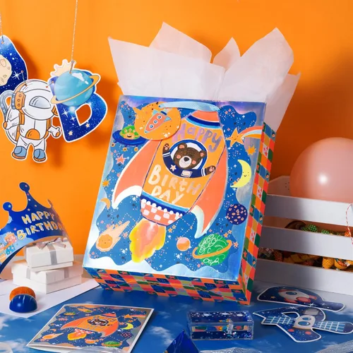 Vista 7 de LeZakaa Bolsa de regalo de cumpleaños de 13 pulgadas, bolsa de regalo mediana de papel de aluminio metálico con papel de seda, etiqueta de regalo