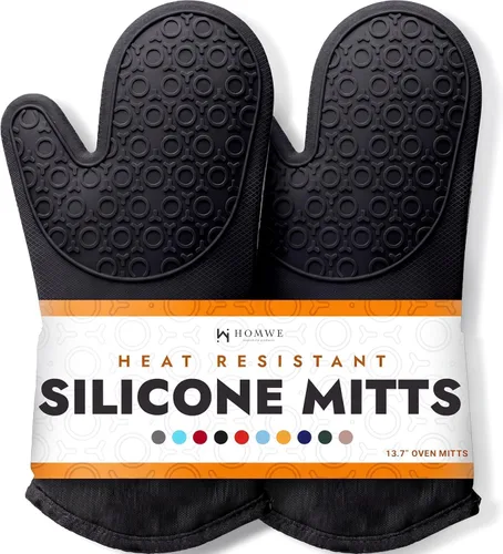 Vista 10 de HOMWE - Manopla de horno profesional y extralarga de silicona, guantes con forro acolchado, agarraderas resistentes al calor, guantes flexibles