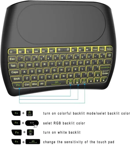 Vista 4 de Mini teclado inalámbrico D8 con panel táctil, teclado inalámbrico pequeño retroiluminado colorido, control remoto de mano para PC, Raspberry Pi 4