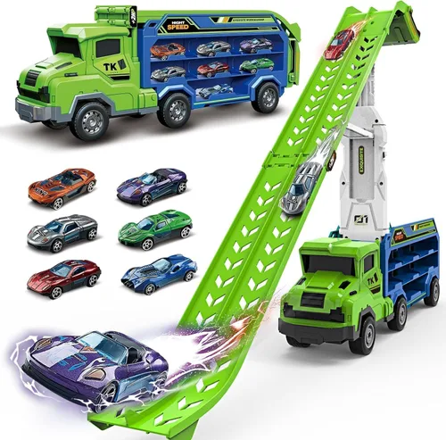 Vista 9 de Juguetes de coche y camiones para niños pequeños, camiones de transporte de juguete para niños de 3 a 5 y 4 a 8 años, juegos de pistas de carreras