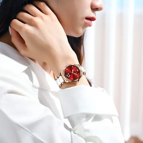 Vista 5 de OLEVS Relojes automáticos de esfera roja para mujer cuerda automática pulseras de dos tonos de oro rosa reloj de mujer relojes de moda reloj