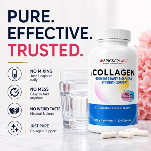 Vista 5 de Bricker Labs Colágeno para hombres y mujeres - Suplemento de colágeno hidrolizado tipo I, III, 750 mg, 1 cápsula de colágeno diaria - 120 porciones