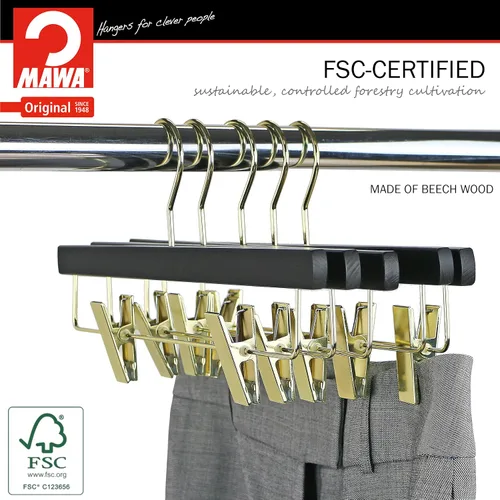 Vista 2 de MAWA by Reston Lloyd, Percha de madera europea, percha de madera de haya con clips ajustables para pantalones, gancho dorado giratorio, acabado