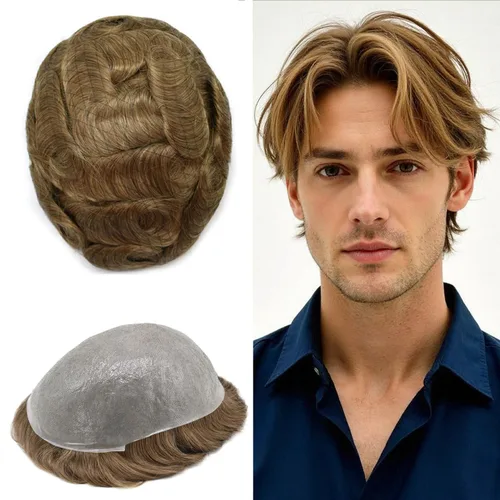 Vista 63 de Tupé de piel ultra fina para hombres pieza de cabello humano real sistema de reemplazo 0.002 in Mens Toupee Hairpiece para hombres V-Loop 8x10 80%
