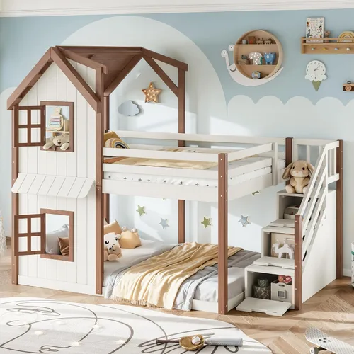 Vista 12 de Cama tipo loft de tamaño matrimonial con escalera de almacenamiento y escritorio, marco de cama tipo loft de madera maciza con ventanas, estantes