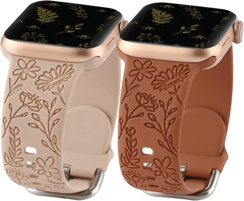 Vista 9 de Paquete de 2 correas deportivas grabadas con flores compatibles con correas de Apple Watch de 1.496 pulgadas, 1.575 pulgadas, 1.614 pulgadas