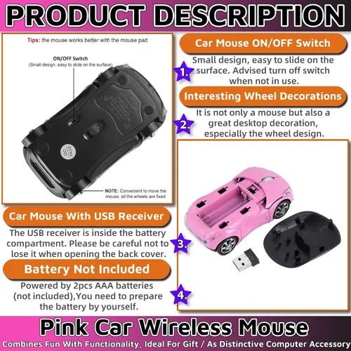 Vista 5 de Ratón inalámbrico rosa para coche, 2.4G inalámbrico con receptor USB, ratón óptico para PC, portátil, tableta, Win XPVista7ME2000Mac OS Mouse rosa