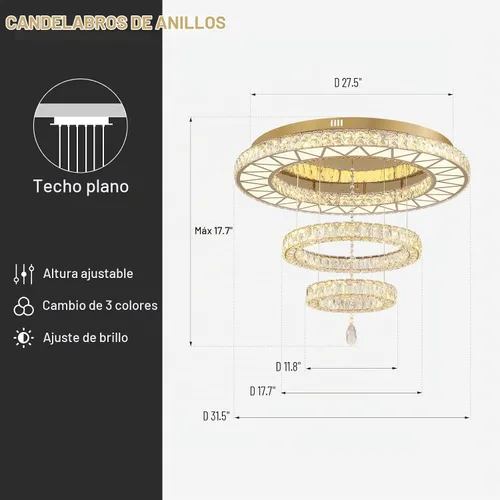 Vista 6 de Siljoy Candelabros de cristal dorado de 32 pulgadas, 3 anillos LED de montaje empotrado, lámparas de techo regulables para sala de estar, comedor