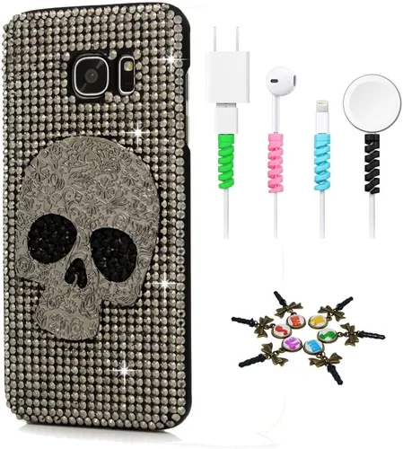 Vista 7 de Sparkle Funda compatible con Samsung Galaxy J2 Prime – Elegante funda 3D hecha a mano con diseño de calavera grande con protector de cable