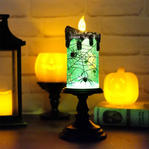 Vista 6 de Eldnacele Velas de Globo de Nieve de Halloween Lámpara Iluminada, Operada con Batería Vela Giratoria Espeluznante de Tornado de Agua Brillante Sin
