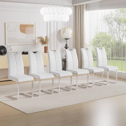 Vista 14 de Juego de sillas de comedor modernas (2 unidades) de piel sintética PU con respaldo alto tapizadas con patas doradas de metal para cocina y comedor