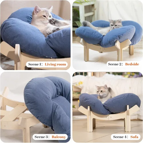Vista 8 de CHEERHOME PETS Cama Elevada para Gatos de Madera con Cojín Sofá Mullido para Mascotas Sofá para Gatos de Interior Silla de Salón Elevada